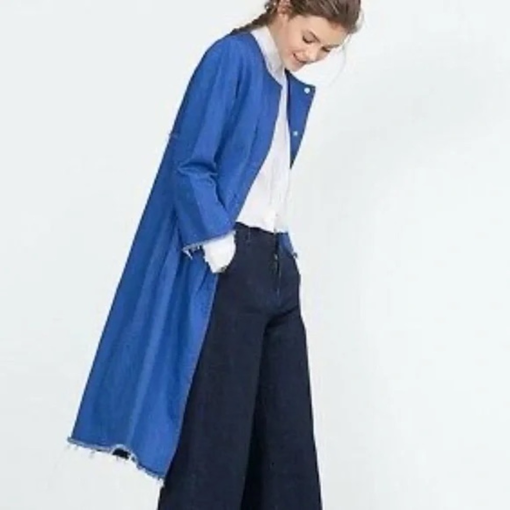 ZARA Blue Jean Jacket longline collarless denim duster small - Picture 11 of 13